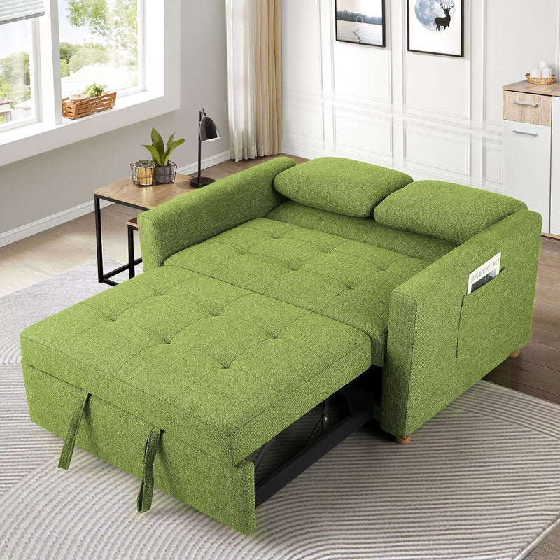 Convertible Sofa Bed, 3-In-1 Sleeper Sofa Pull Out Couch Bed, 2-Seater Linen Fabric Loveseat Futon Sofa with Spring Support, Adjustable Backrest for Small Spaces, Living Room, Olive Green