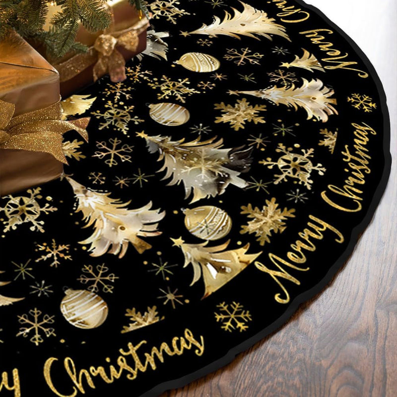 CROWNED BEAUTY Merry Christmas Tree Skirt Collar 48 Inch Xmas Trees Snowflakes Soft Farmhouse Holiday Decoration (Gold & Black) TS26