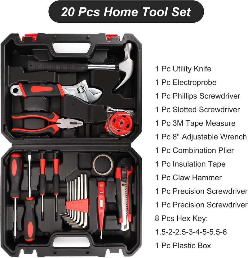 20 Pieces Tool Set with Portable Storage Box, Basic Home Tool Kit for Daily Repairing and Maintenance, Home DIY Tools for Office & Garage