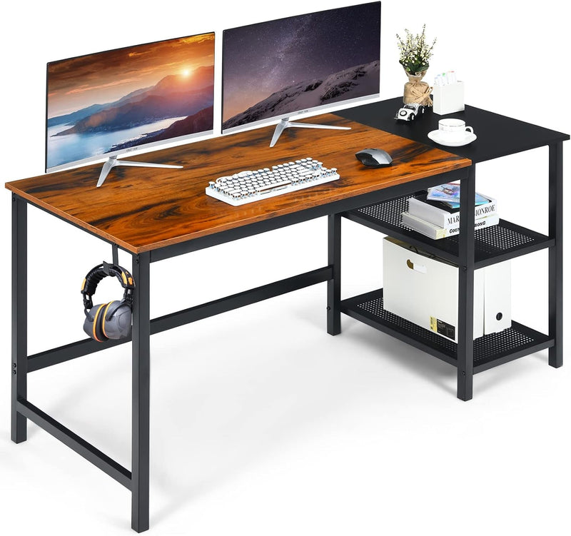 COSTWAY 59” Computer Desk, with 2 Removable Storage Shelves, Industrial Writing Workstation with Headphone Hook, for Home Office, Gaming Desk (Black)