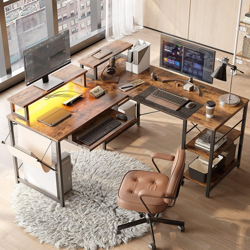Bestier 95" L Shaped Gaming Desk with Led Light, Computer Corner Desk or 2 Person Long Table with Shelves Monitor Stand and Keyboard Tray for Home Office, Rustic Brown