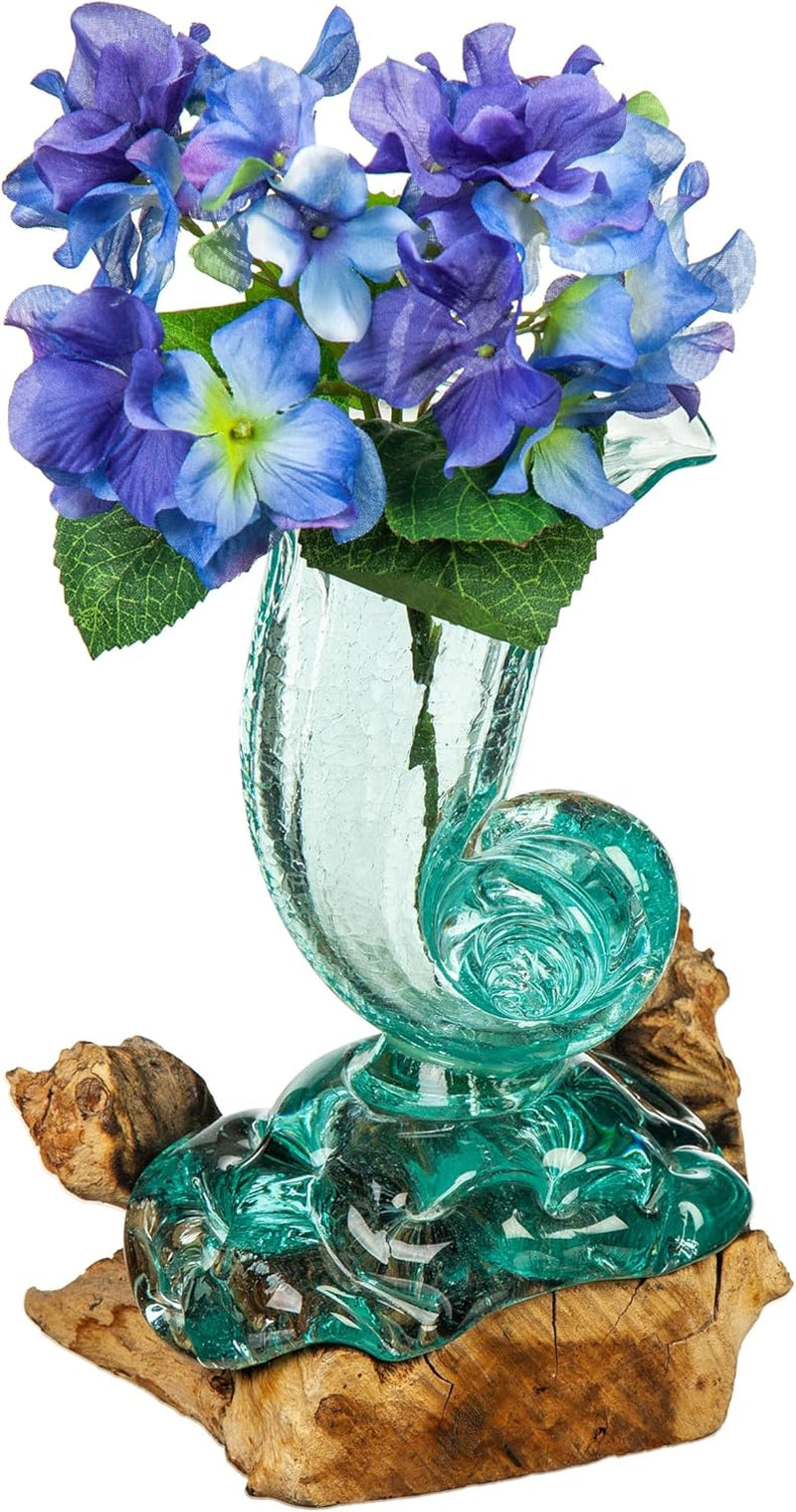 Cape Craftsmen 7-Inches Tall Hand-Blown Blue Tinted Bubble Glass on Natural Teak Driftwood Terrarium | Home Décor Indoor Planter with Stand | Pot for Succulent and Plants