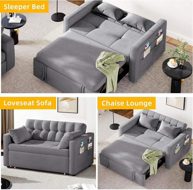 DWVO 55" Cat-Scratch-Proof Fabric Sofa Bed, 3-In-1 Sleeper Sofa with Pull-Out Bed, Convetible Futon Couch with Adjustable Backrest and Side Pocket, Loveseat for Living Room Apartment, Grey, Full Size