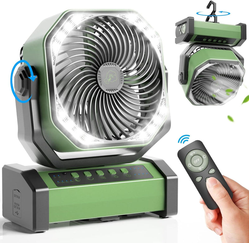 20000Mah Camping Fan with LED Light, Auto-Oscillating Desk Fan with Remote & Hook, Rechargeable Battery Operated Outdoor Tent Fan with Timer, 4 Speeds USB Fan for Camp Travel Jobsite…