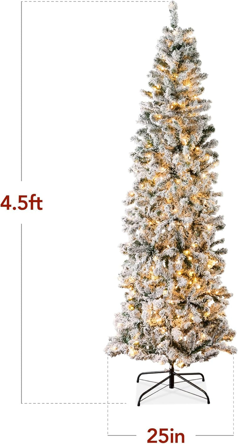 Best Choice Products Flocked Pencil Christmas Tree, Pre-Lit Slim Artificial Holiday Decoration, 4.5Ft Lighted Skinny W/Base, Warm White Lights