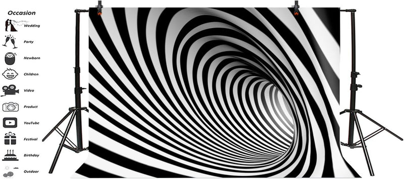 10X7Ft Black and White Spiral Vortex Backdrop Adults Kids Portrait Photo Shoot Futuristic Perspective Pipeline Tube Endless Tunnel Striped Swirl Background for Photography Photo Studio Props