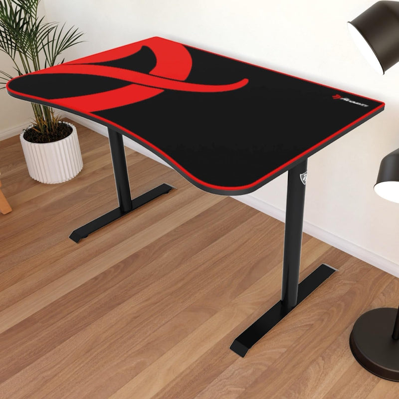 Arozzi Arena Fratello Curved Gaming and Office Desk with Full Surface Water Resistant Desk Mat Custom Monitor Mount Cable Management Cut Outs under the Desk Cable Management Netting - Red
