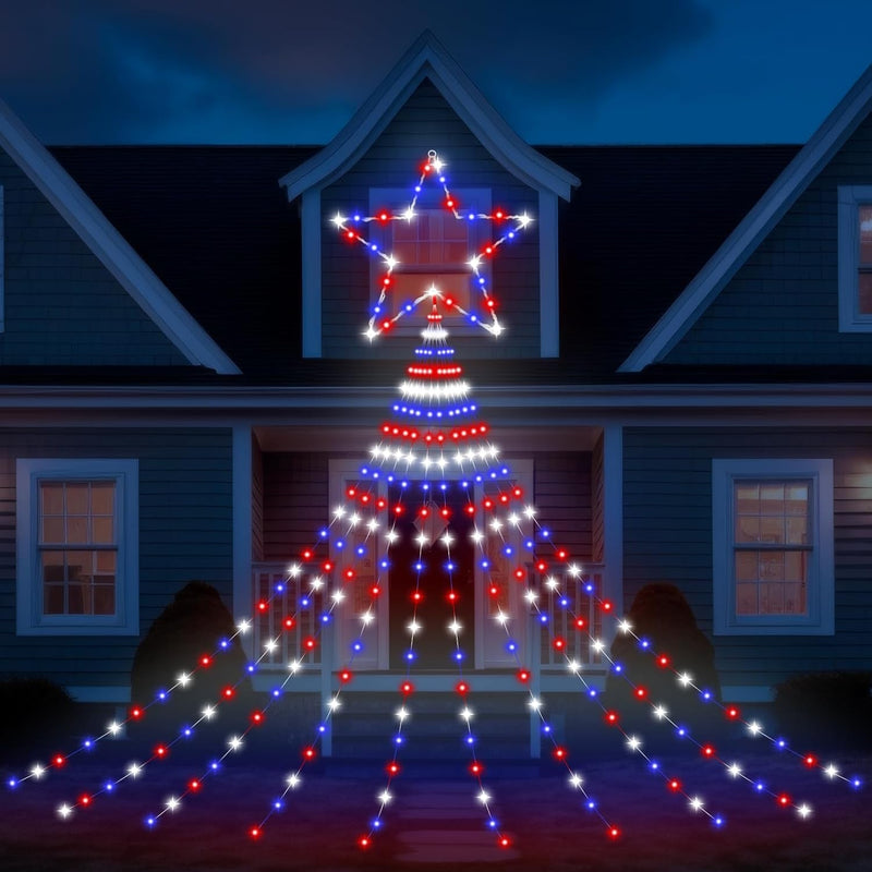 12Ft 4Th of July Decor Light 357 LED 8 Modes Plug in Curtain Lights Red White and Blue String Lights Patriotic Star Light for Independence Day Indoor Outdoor Veterans Memorial Day Party Decor