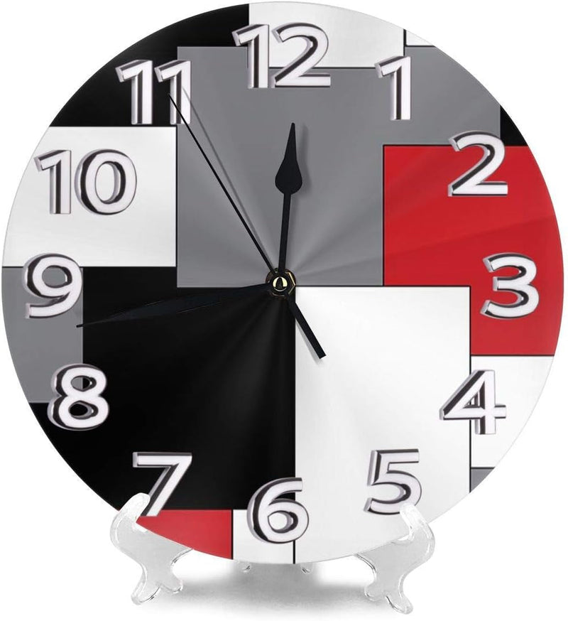 Geometric Decorative Wall Clock with Roman Numeral Hands White,Grey,Black and Red Irregular, round Durable Lightweight Waterproof for Living Room Classroom Patio Bedroom