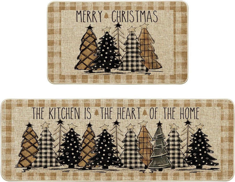 Artoid Mode Buffalo Plaid Xmas Tree Merry Christmas Kitchen Mats Set of 2, Winter Home Decor Low-Profile Kitchen Rugs for Floor - 17X29 and 17X47 Inch