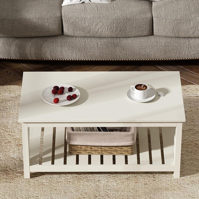 Choochoo Coffee Table, Living Room Table with Shelf, 40 Antique White