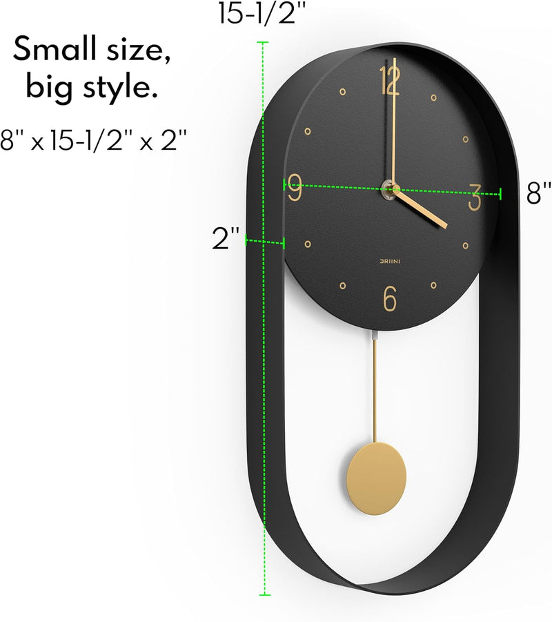 Driini Modern Pendulum Wall Clock - Decorative and Unique Metal Frame, with 8 Inch Face - Contemporary, Minimalist Design, with Silent Battery Operation - Includes Both Black and Gold Pendelum