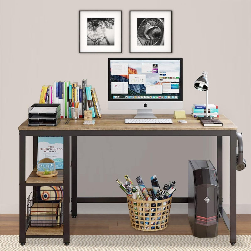 Bestoffice with 2 Shelves, Computer Home Office Large PC Desk Workstation Gaming Table with Sturdy Metal Frame, Rustic Brown