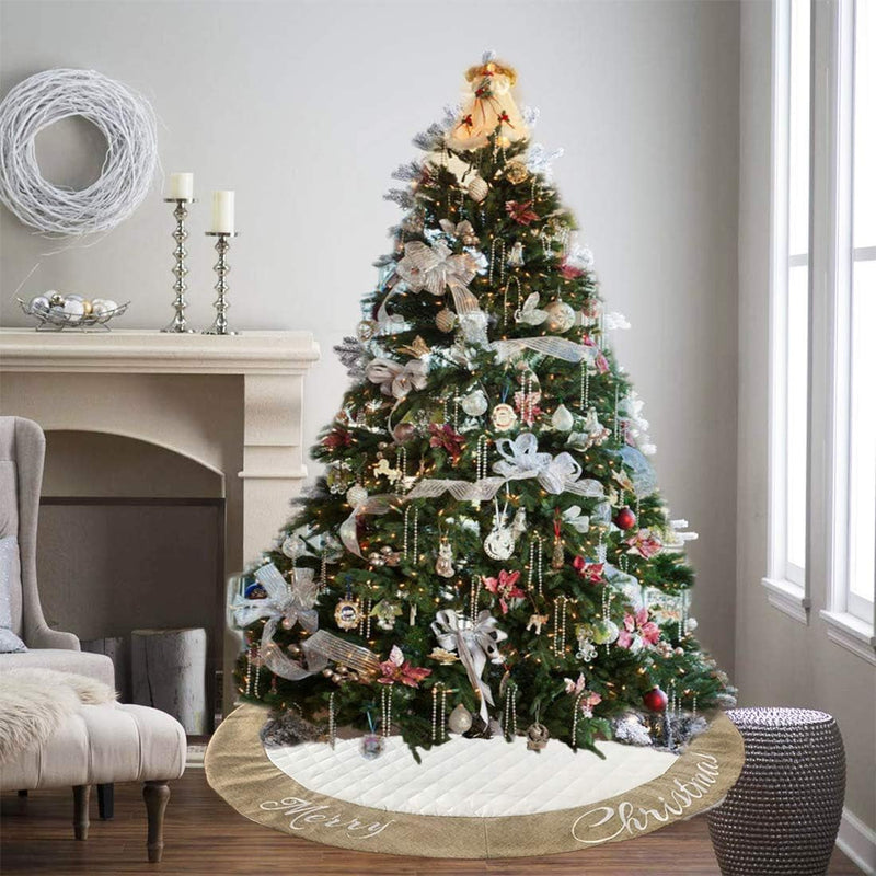 AISENO 48 Inch Christmas Tree Skirt White Thick Luxury Quilted Cotton with Burlap Decoration for Merry Christmas Party Christmas Tree Skirt Decorations