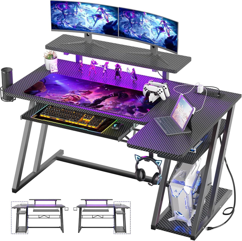 Armocity L Shaped Gaming Desk with LED Lights and Outlets, White PC Gaming Desk with Monitor Stand and Shelves, Reversible Gaming Computer Desk with Keyboard Tray & Z-Shape Legs, 47"