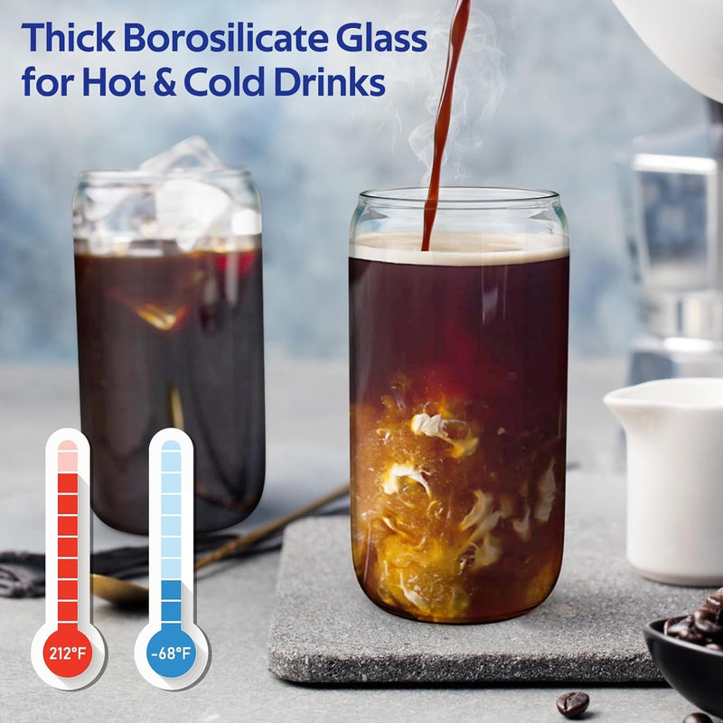 4 Set Glass Cups with Lids and Straws 16 Oz, Glasses Drinking Set, Iced Coffee Cup with Bamboo Lids, Drinking Glasses Tumbler with Straw and Lid, Glass Can Coffee Cups, Drinking Glassware, 2 Brushes