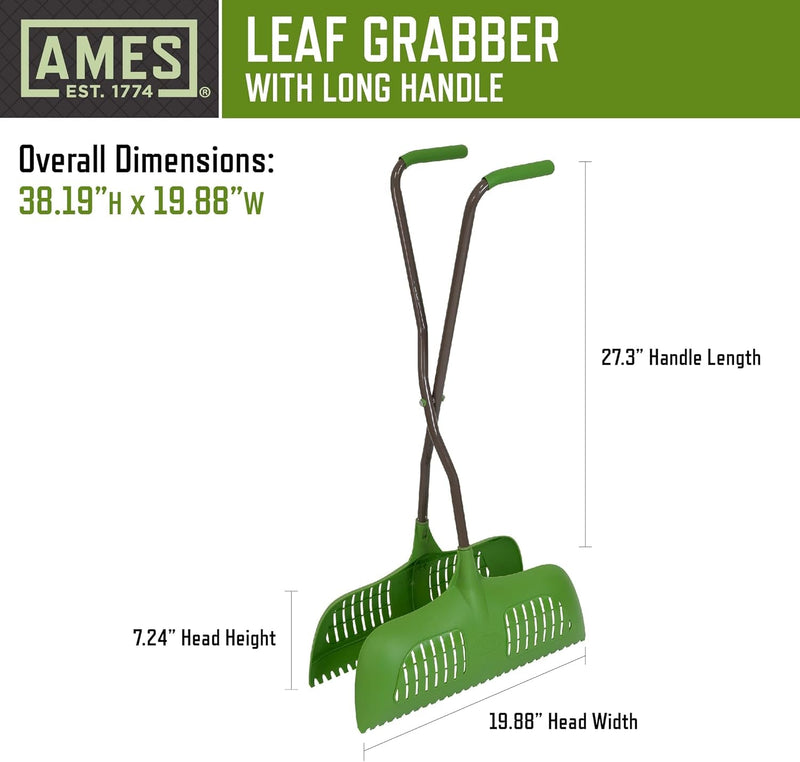 AMES Leaf Grabber Rake with Long Handle & Cushioned Grip for Leaves, Lawn Clippings, Twigs, Yard Waste