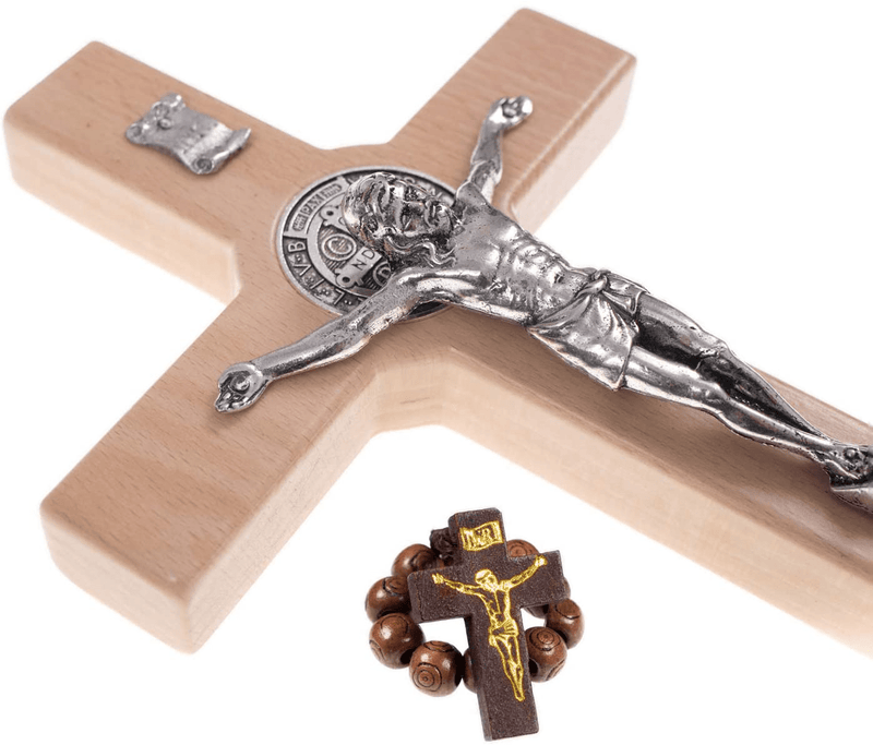 4Soul Crucifix | Saint Benedict wall cross | 8.7" Wooden cross decor with silver color Jesus and St Benedict medal | Religious wall art perfect catholic gift