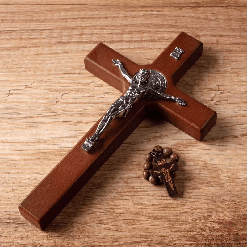 4Soul Crucifix | Saint Benedict wall cross | 8.7" Wooden cross decor with silver color Jesus and St Benedict medal | Religious wall art perfect catholic gift Home & Garden > Decor > Seasonal & Holiday Decorations 4Soul   
