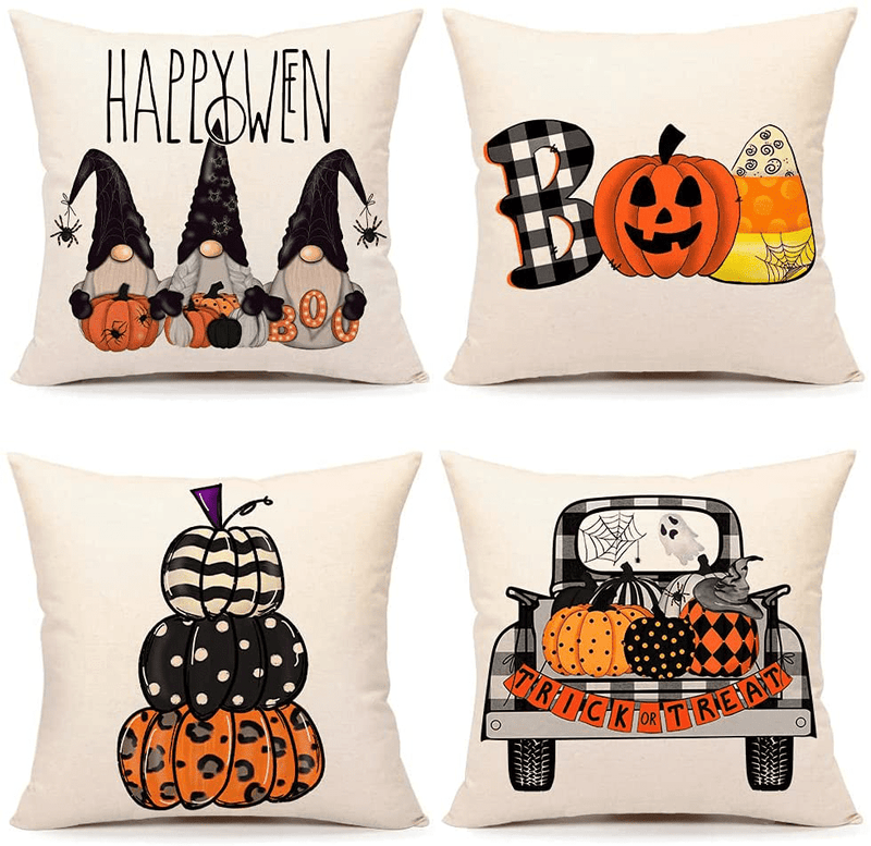 4TH Emotion Halloween Decor Pillow Covers 18x18 Set of 4 Fall Halloween Farmhouse Decorations Boo Gnomes Truck Outdoor Fall Pillows Decorative Throw Cushion Case for Home Couch TH024-18 Arts & Entertainment > Party & Celebration > Party Supplies 4TH Emotion 18 X 18 inches  