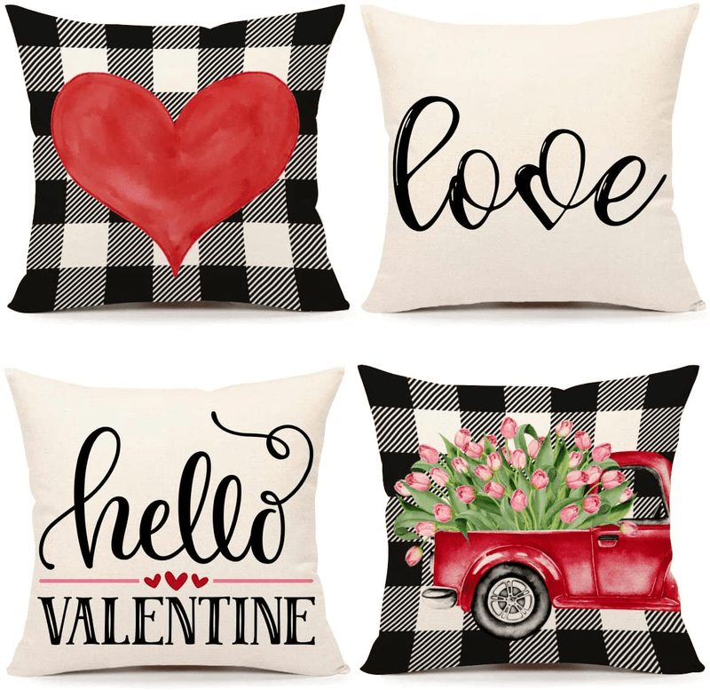 4TH Emotion Valentines Day Pillow Covers 18X18 Set of 4 Spring Buffalo Check Farmhouse Decor Black White Truck with Tulips Red Love Holiday Decorations Throw Cushion Case for Home Decorations TH082 Home & Garden > Decor > Seasonal & Holiday Decorations 4TH Emotion 18 X 18 inches  