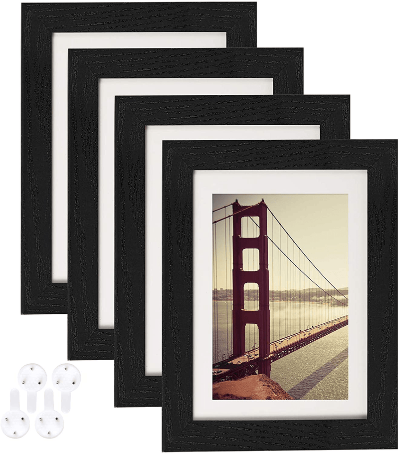 4x6 Picture Frame Distressed Farmhouse Wood Pattern Set of 4 with Tempered Glass,Display Pictures 3.5x5 with Mat or 4x6 Without Mat, Horizontal and Vertical Formats for Wall and Table Mounting Home & Garden > Decor > Picture Frames BAIJIALI Black 5x7 