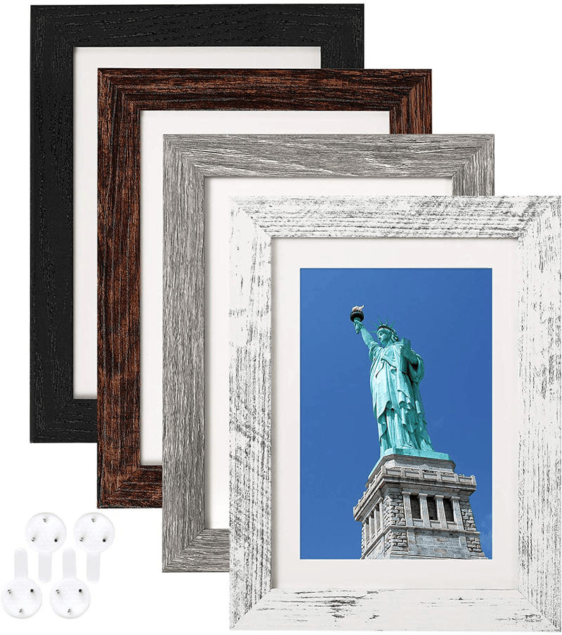4x6 Picture Frame Distressed Farmhouse Wood Pattern Set of 4 with Tempered Glass,Display Pictures 3.5x5 with Mat or 4x6 Without Mat, Horizontal and Vertical Formats for Wall and Table Mounting Home & Garden > Decor > Picture Frames BAIJIALI Black&White&Grey&Brown 5x7 