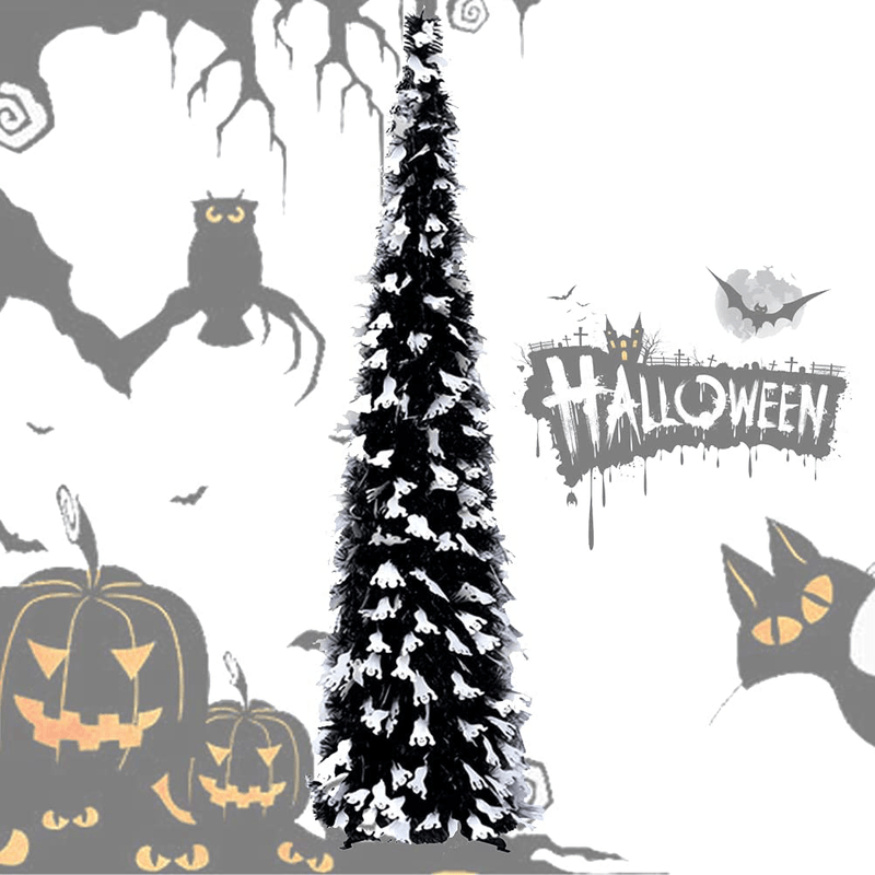 5 Foot Collapsible Pop Up Sequin Artificial Pencil Halloween Christmas Tree Tinsel Slim Halloween Xmas Tree Tall Skinny Tree with Plastic Stand for Home Fireplace Party Indoor Outdoor (Green Spider)