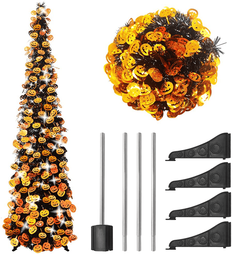 5 FT Pop Up Tinsel Christmas Halloween Trees,Collapsible Artificial Black Slim Halloween Xmas Tree with Plastic Stand for Party,Home,Office,Classroom Decor,Pumpkin Sequins Home & Garden > Decor > Seasonal & Holiday Decorations > Christmas Tree Stands Nuuptta Default Title  