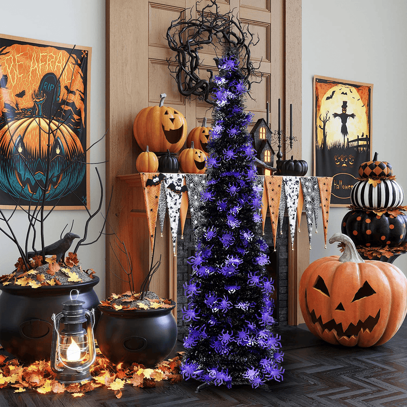 5' Pop Up Halloween Christmas Slim Tree Collapsible with Easy-Assembly Stand for Xmas Halloween Holiday Home, Office, Classroom Party Display. Black Tinsel Trees with Purple Spider Sequins Home & Garden > Decor > Seasonal & Holiday Decorations > Christmas Tree Stands milekeer   