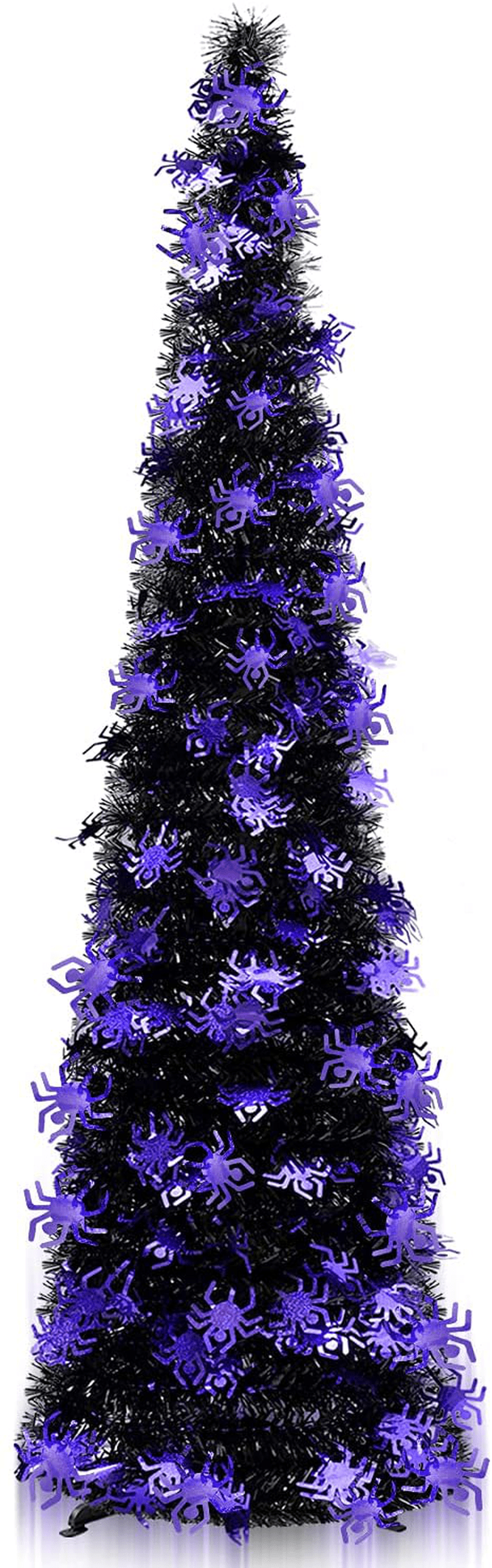 5' Pop Up Halloween Christmas Slim Tree Collapsible with Easy-Assembly Stand for Xmas Halloween Holiday Home, Office, Classroom Party Display. Black Tinsel Trees with Purple Spider Sequins