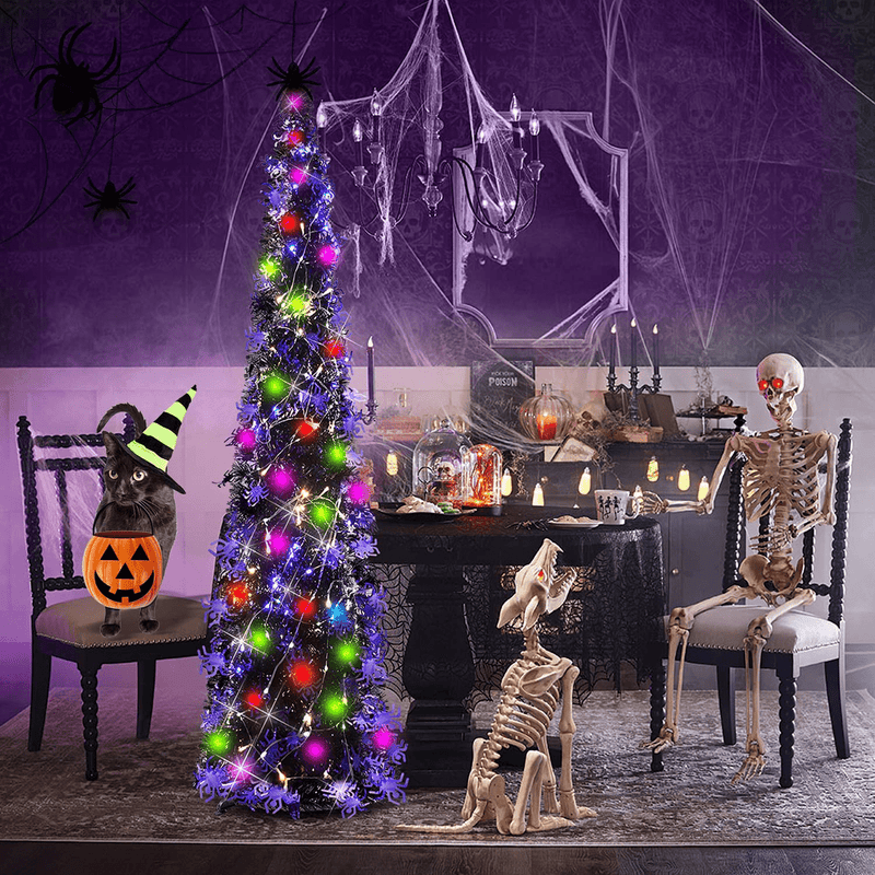 5' Pop Up Halloween Christmas Slim Tree Collapsible with Easy-Assembly Stand for Xmas Halloween Holiday Home, Office, Classroom Party Display. Black Tinsel Trees with Purple Spider Sequins