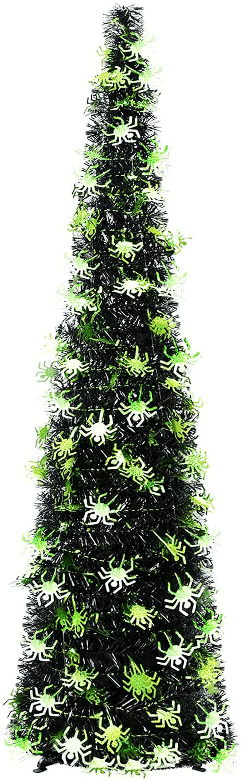 5' Pop Up Halloween Christmas Thin Tree Collapsible with Easy-Assembly Stand for Xmas Halloween Holiday Home, Office, Classroom Party Display. Black Tinsel Trees with Green Spider Sequins Home & Garden > Decor > Seasonal & Holiday Decorations > Christmas Tree Stands milekeer Default Title  