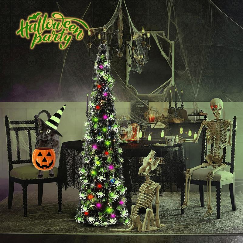 5' Pop Up Halloween Christmas Thin Tree Collapsible with Easy-Assembly Stand for Xmas Halloween Holiday Home, Office, Classroom Party Display. Black Tinsel Trees with Green Spider Sequins Home & Garden > Decor > Seasonal & Holiday Decorations > Christmas Tree Stands milekeer   