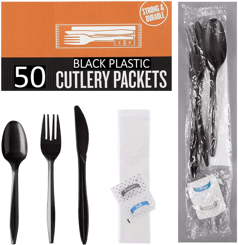 500 Plastic Cutlery Packets - Knife Fork Spoon Napkin Salt Pepper Sets | Black Plastic Silverware Sets Individually Wrapped Cutlery Kits, Bulk Plastic Utensil Cutlery Set Disposable To Go Silverware