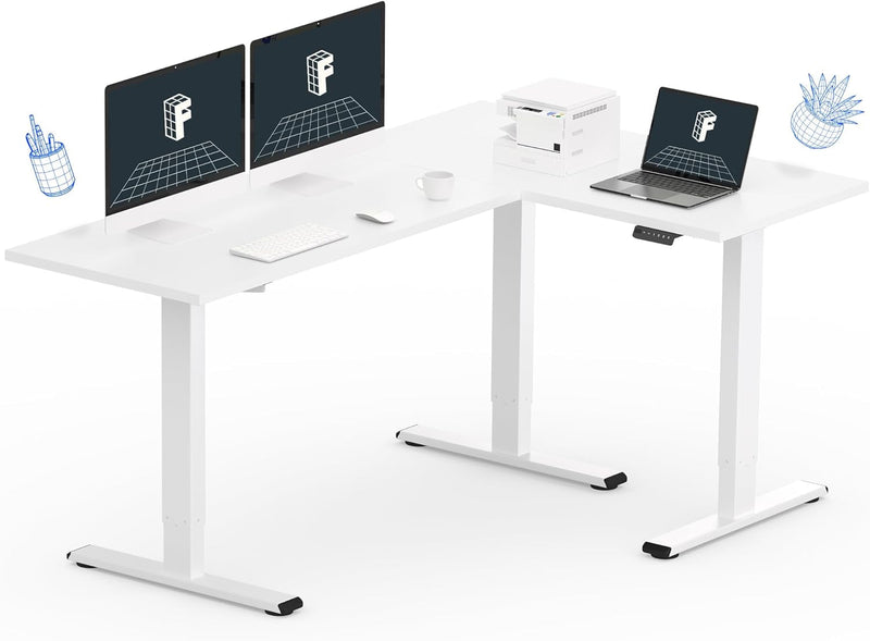 FLEXISPOT Corner Desk Dual Motor L Shaped Computer Electric Standing Sit Stand up Desk Height Adjustable Home Office Table with Splice Board, 71X48 White