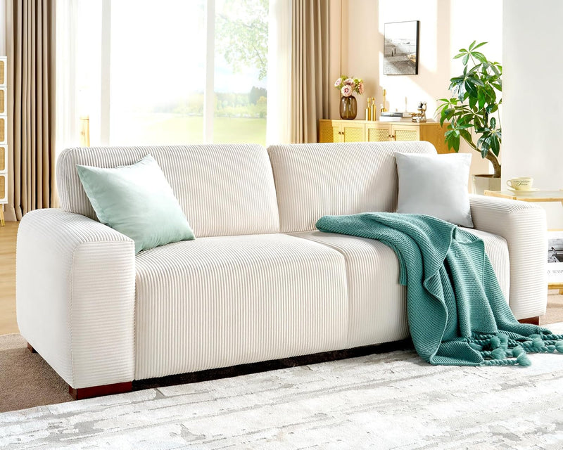 AMERLIFE Sofa, 89 Inch Oversized Couch with Thick Armrest, Comfy Sofa Couch for Living Room-3 Seater Sofa in White Corduroy