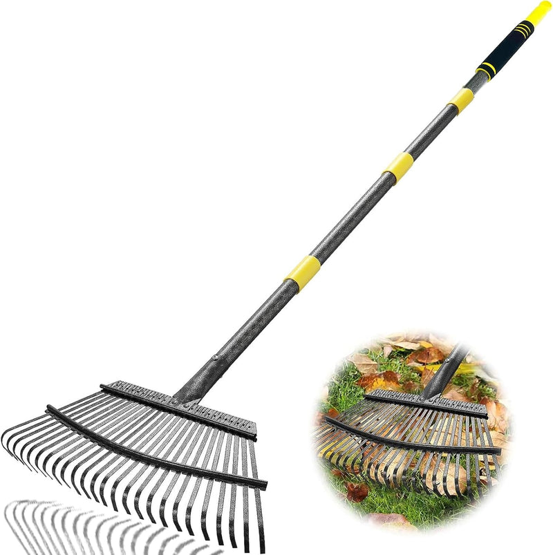 Garden Leaf Rakes, 6FT Rakes for Lawns Heavy Duty 25 Metal Tines 18.5 Inch Wide, Adjustable Long Steel Handle, Rakes for Leaves, Gathering Shrub, Leveling Grass, Flower Beds, Yards