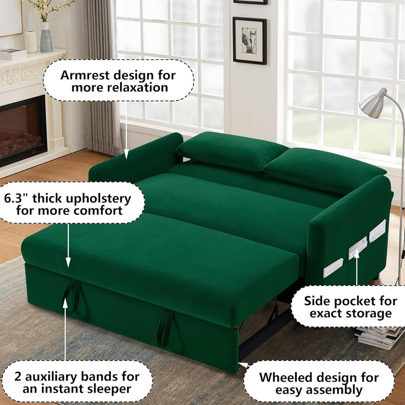 57" Convertible Sleeper Sofa Bed, 3 in 1 Upholstered Velvet Loveseat Sofa with Put Out Bed, Modern 2 Seats Couch with Adjustable Back, 2 Pillows Side Pocket for Living Room RV, Green