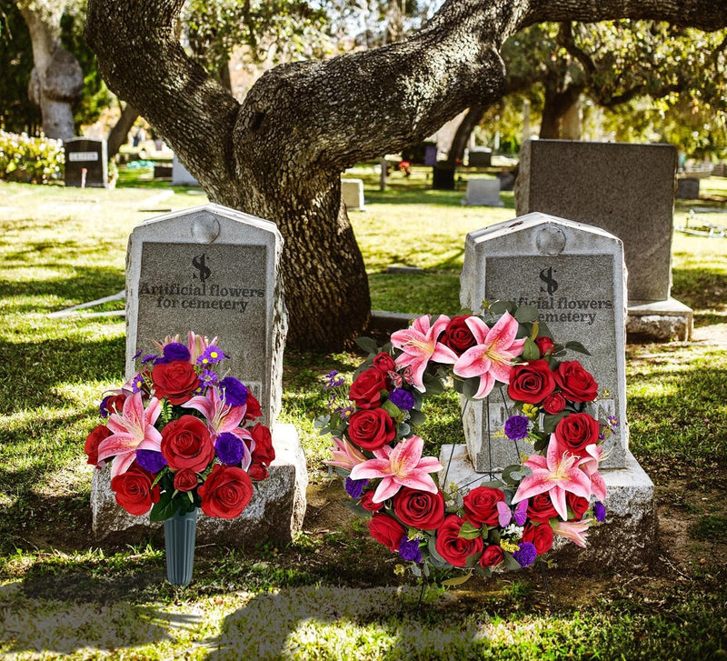 Cemetery Wreaths for Graves with 30 Inch Easel Stand,Handmade Headstone Wreath Flower with Hanger, Artificial Rose Lily Daisy and Carnation,Red/Pink