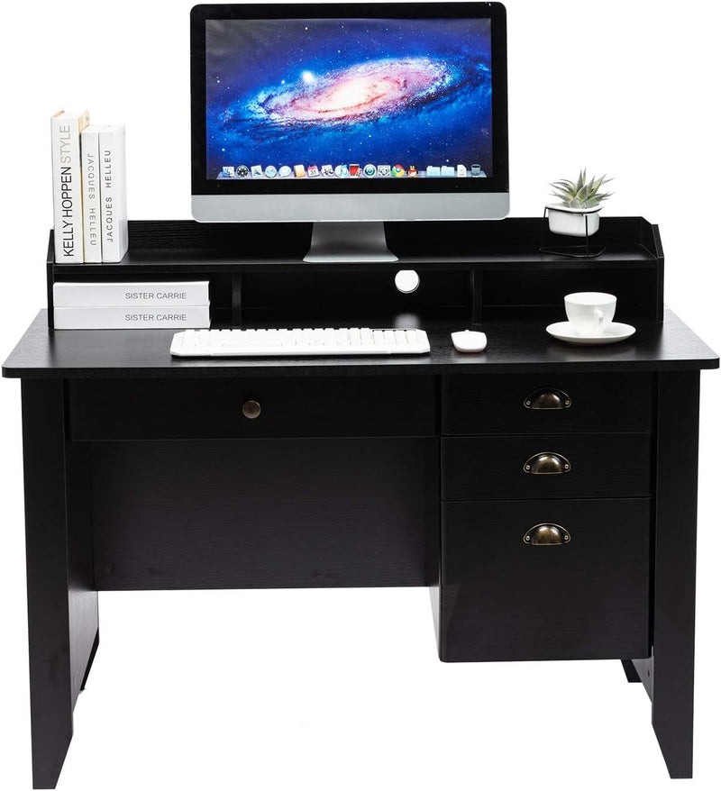 AUXSOUL Computer Desk with Hutch and 4 Drawers - Vintage Home Office Desk with Desktop - PC Laptop Notebook Table for Writing/Study(Black)