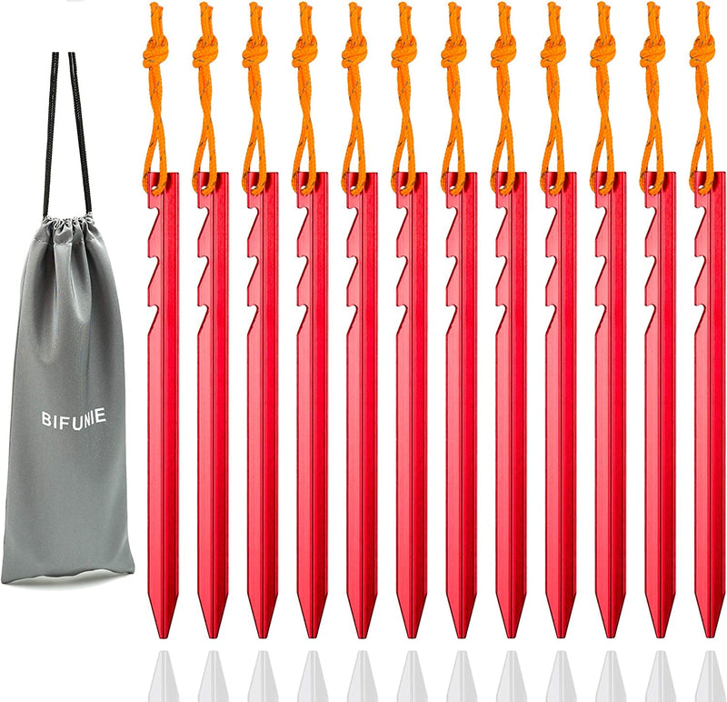 Aluminum Alloy Tent Stakes Pegs, 12-Pack Aluminum Ground Pegs with Reflective Pull Ropes, Lightweight Metal Stakes Pegs for Camping Tents Hammocks