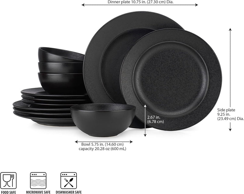 12 Piece Dinnerware Set by Glavers Service for 4, round Black Matte Dishes – High-End Portuguese Quality Stoneware Set – Includes 4 Dinner Plates 4 Salad Plates, and 4 Bowls Dishwasher Microwave Safe.