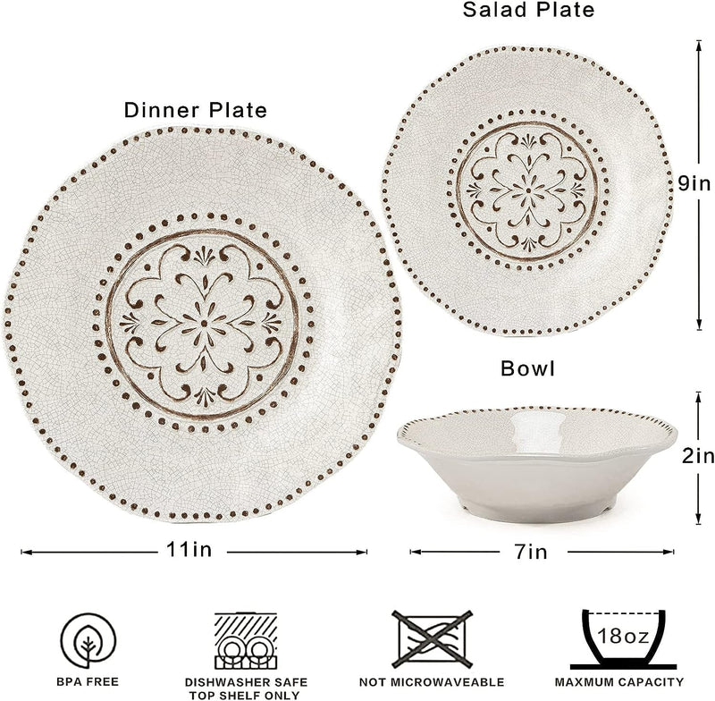 Beaded Crackle 12 Piece Melamine Camping Dinnerware Set, Plates and Bowls Sets, Indoor and Outdoor Use, Break-Resistant Rustic RV Dishes Set, Service for 4(Ivory)…