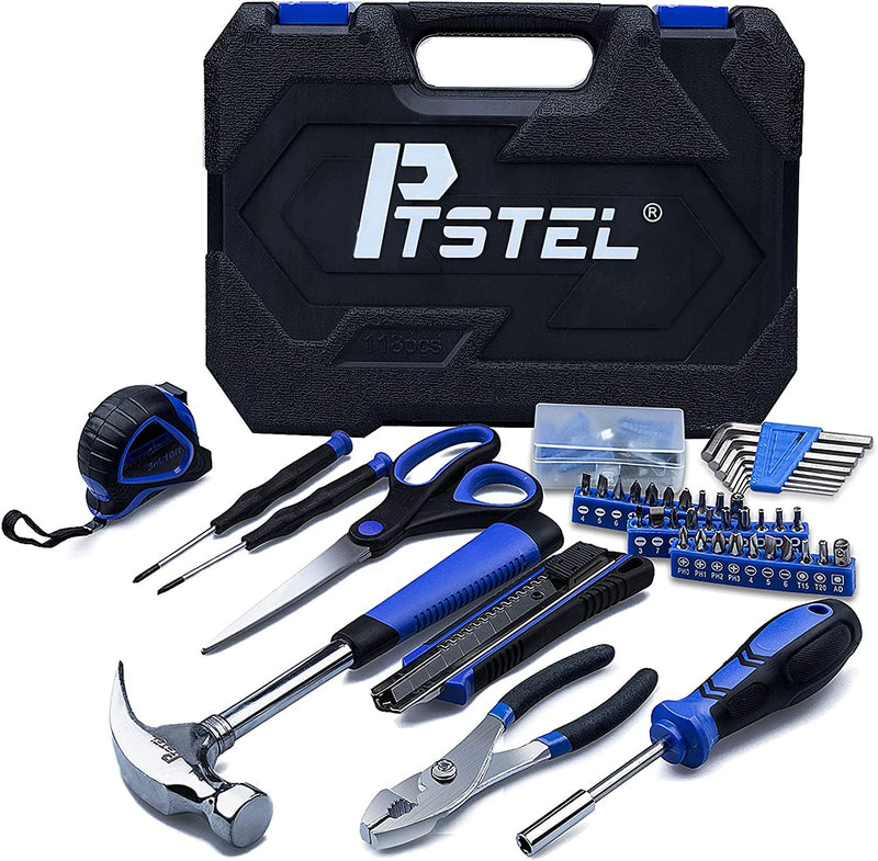 118Pcs Tool Set for Home，Ptstel Household Tool Kit Basic Tools Set for Men Beginners General Repair Tool Set with Blue Tool Box Storage for Home/Diy