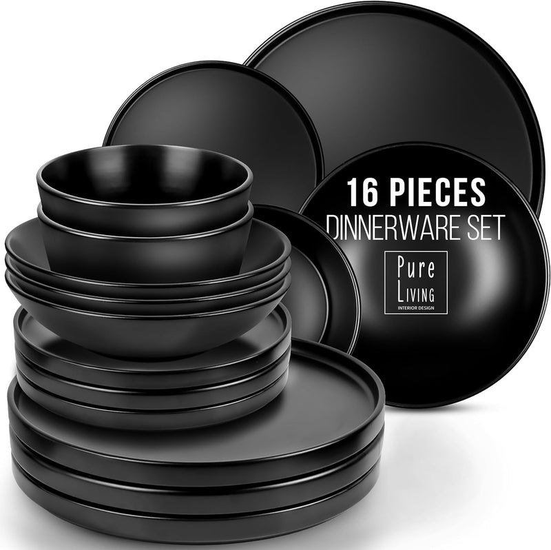 12 Piece Dinnerware Sets for 4 - Modern Style Stoneware Dinnerware Set - Scratch Resistant, Dishwasher Safe Plates and Bowls Sets Ceramic, Dish Set, Bowl and Plate Set - Black and Petrol Blue