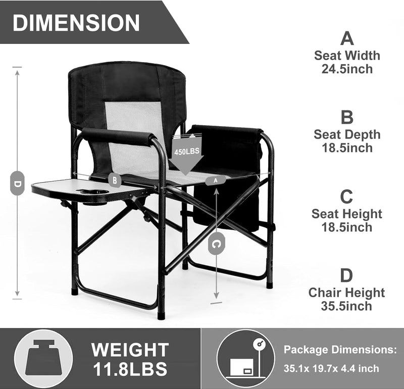 Camping Chairs, Folding Chairs for Outside, Directors Chairs Foldable, Lawn Chairs for Adults Heavy Duty,Support to 450LBS
