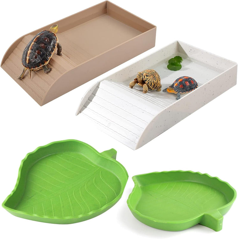 3Pcs Tortoise Food Dish with Ramp and Basking Platform Leaf Tortoise Water Food Bowls Reptile Water Dish Turtle Reptile Pool for Amphibians Brown