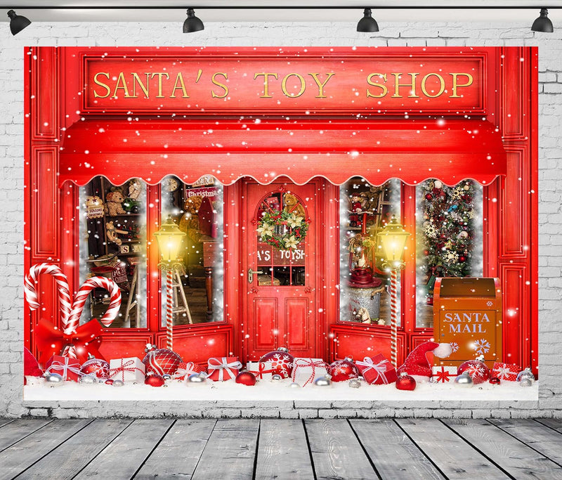 8X6FT Red Christmas Photo Backdrop Santa'S Toy Shop Candy Cane in Snow World Xmas Family Holiday Party Banner Photography Background Supplies Decor Studio Prop