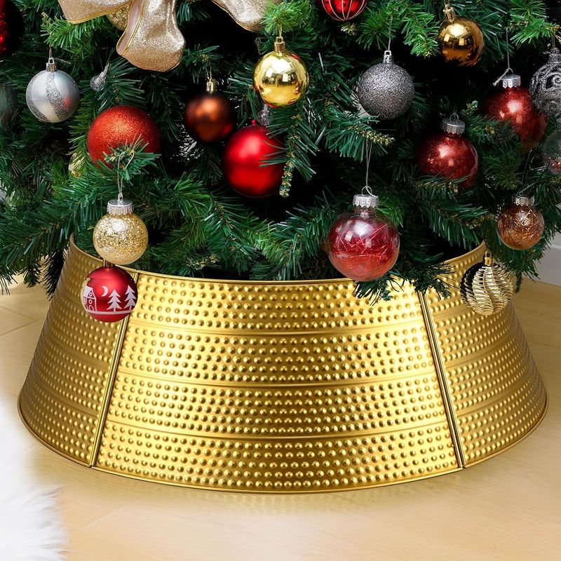 Christmas Tree Collar 28" Metal Gold Christmas Tree Skirt Stand Base Cover for Artificial Trees 5 Panel Hammered Christmas Tree Ring Protection from Pets Xmas Decorations